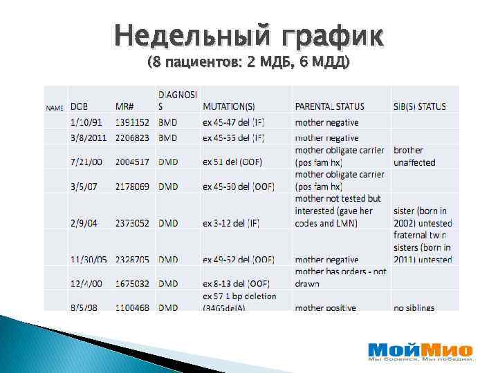 Недельный график (8 пациентов: 2 МДБ, 6 МДД) 
