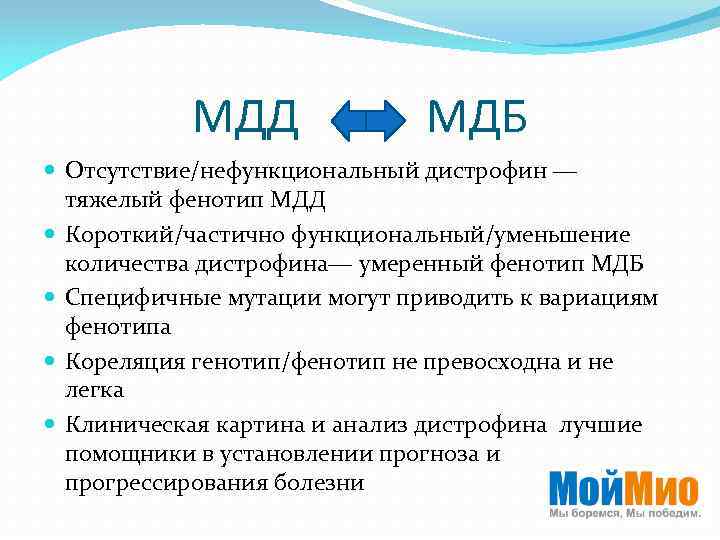 МДД МДБ Отсутствие/нефункциональный дистрофин ― тяжелый фенотип МДД Короткий/частично функциональный/уменьшение количества дистрофина― умеренный фенотип