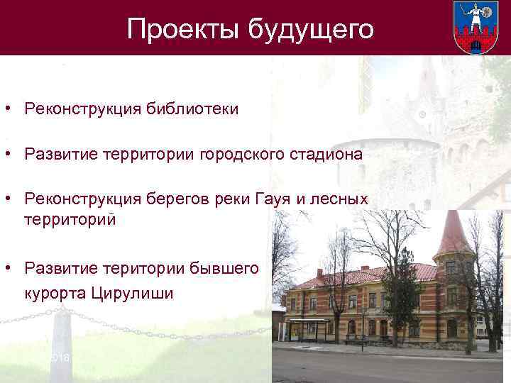 Проекты будущего • Реконструкция библиотеки • Развитие территории городского стадиона • Реконструкция берегов реки