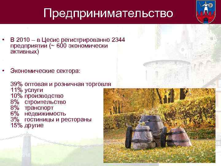 Предпринимательство • В 2010 – в Цесис регистрированнo 2344 предприятии (~ 600 экономически активных)