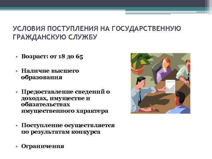 УСЛОВИЯ ПОСТУПЛЕНИЯ НА ГОСУДАРСТВЕННУЮ ГРАЖДАНСКУЮ СЛУЖБУ • Возраст: от 18 до 65 • Наличие