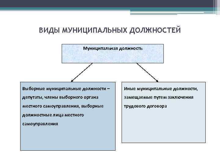 ВИДЫ МУНИЦИПАЛЬНЫХ ДОЛЖНОСТЕЙ Муниципальная должность Выборные муниципальные должности – Иные муниципальные должности, депутаты, члены