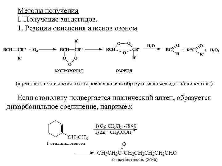 Методы получения I. Получение альдегидов. 1. Реакции окисления алкенов озоном мольозонид (в реакции в