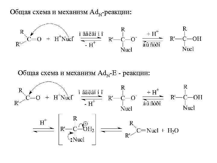 Общая схема и механизм Ad. N-реакции: Общая схема и механизм Ad. N-Е - реакции: