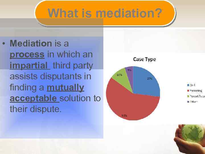 What is mediation? • Mediation is a process in which an impartial third party