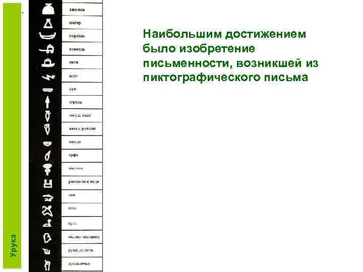 - Урука Наибольшим достижением было изобретение письменности, возникшей из пиктографического письма 