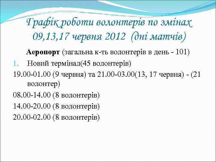 Графік роботи волонтерів по змінах 09, 13, 17 червня 2012 (дні матчів) Аеропорт (загальна