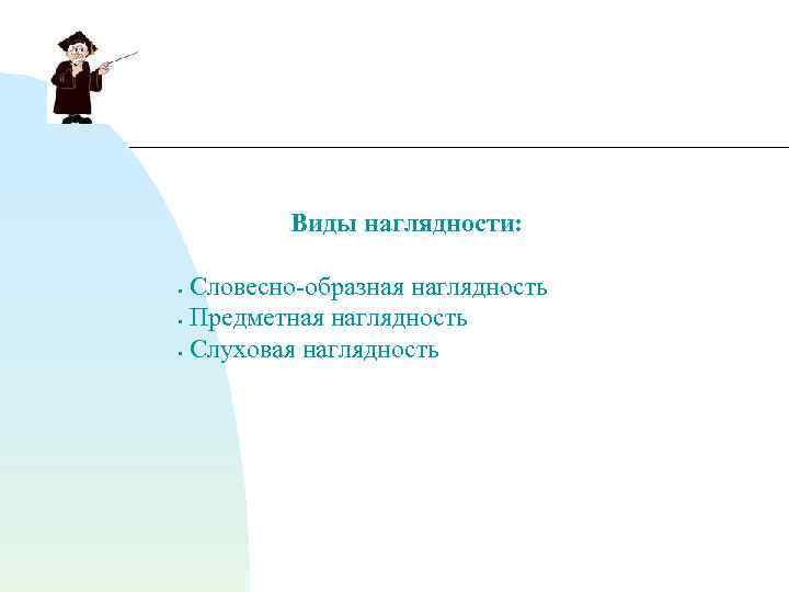Виды наглядности: Словесно-образная наглядность • Предметная наглядность • Слуховая наглядность • 
