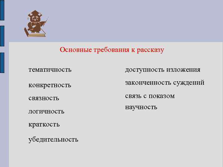 Основные требования к рассказу тематичность доступность изложения конкретность законченность суждений связность связь с показом
