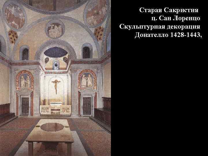 Старая Сакристия ц. Сан Лоренцо Скульптурная декорация Донателло 1428 -1443, 