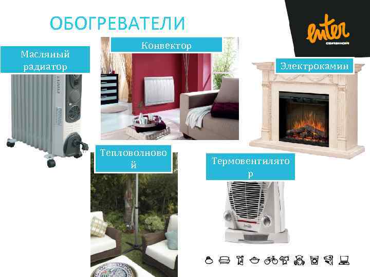 ОБОГРЕВАТЕЛИ Масляный радиатор Конвектор Электрокамин Тепловолново й Термовентилято р 