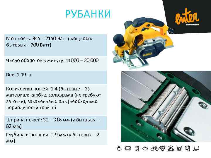 РУБАНКИ Мощность: 345 – 2150 Ватт (мощность бытовых – 700 Ватт) Число оборотов в