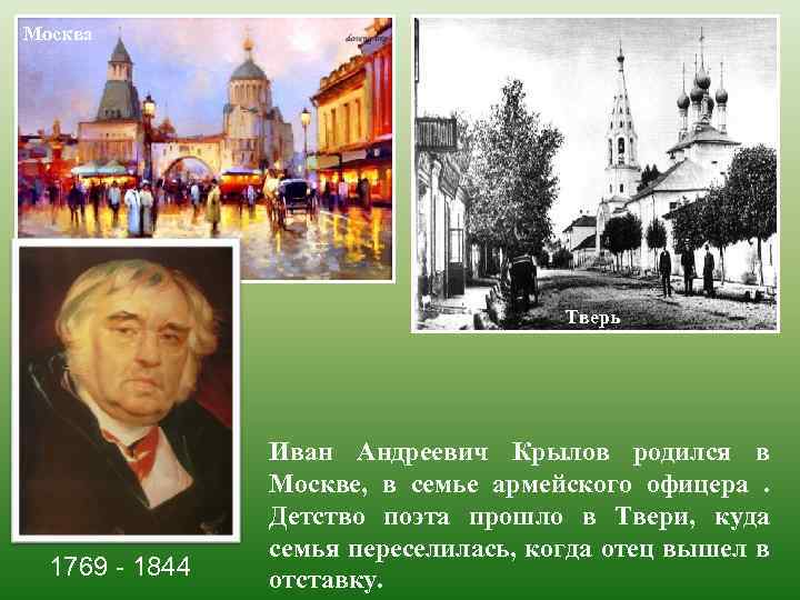 Москва Тверь 1769 - 1844 Иван Андреевич Крылов родился в Москве, в семье армейского