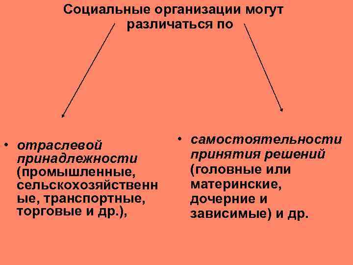 Социальные организации могут различаться по • отраслевой принадлежности (промышленные, сельскохозяйственн ые, транспортные, торговые и