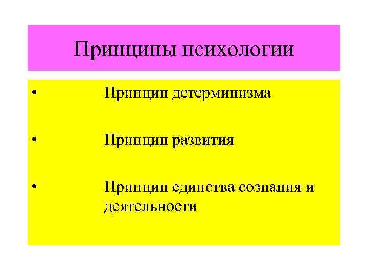 Принципы психологии • Принцип детерминизма • Принцип развития • Принцип единства сознания и деятельности