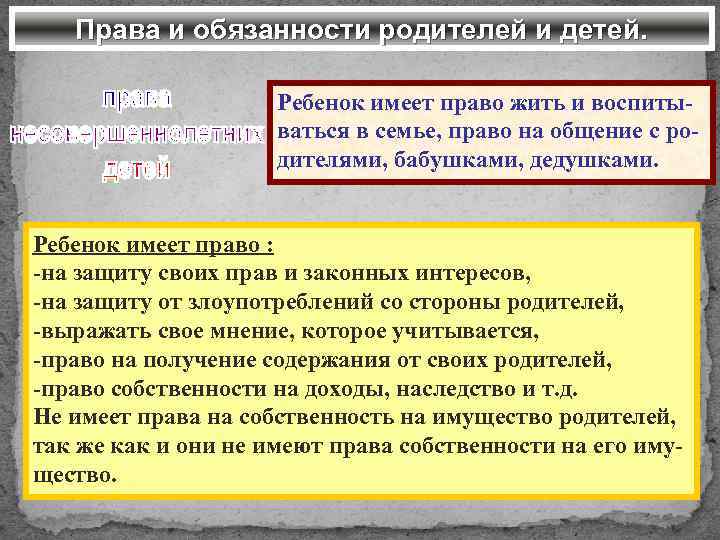 Права и обязанности родителей и детей. Ребенок имеет право жить и воспитываться в семье,