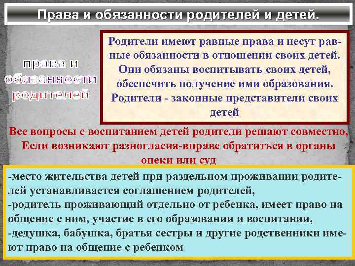 Права и обязанности родителей и детей. Родители имеют равные права и несут равные обязанности