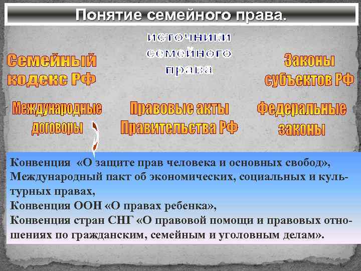 Понятие семейного права. Конвенция «О защите прав человека и основных свобод» , Международный пакт