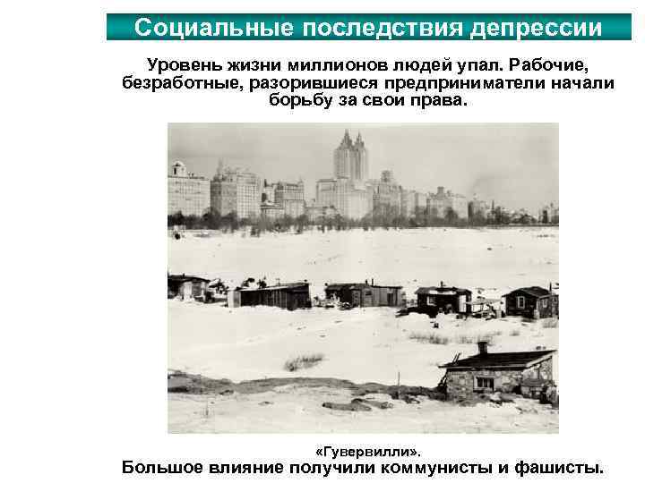 Социальные последствия депрессии Уровень жизни миллионов людей упал. Рабочие, безработные, разорившиеся предприниматели начали борьбу