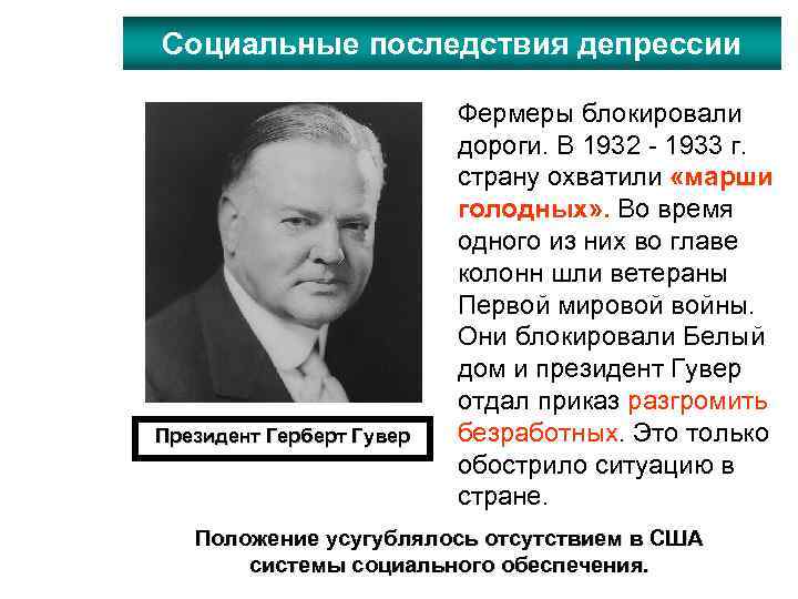 Социальные последствия депрессии Президент Герберт Гувер Фермеры блокировали дороги. В 1932 - 1933 г.