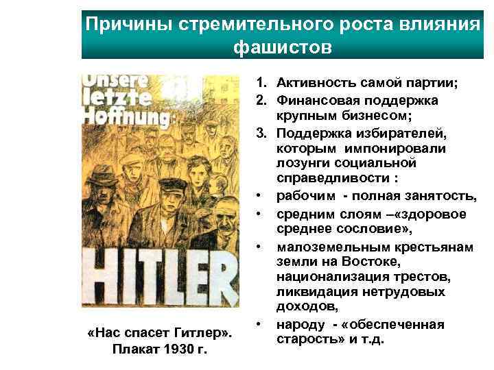 Причины стремительного роста влияния фашистов «Нас спасет Гитлер» . Плакат 1930 г. 1. Активность