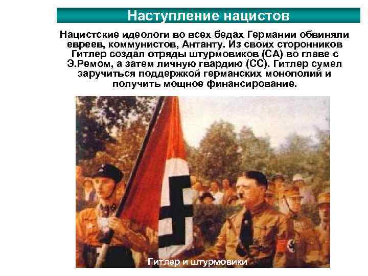 Наступление нацистов Нацистские идеологи во всех бедах Германии обвиняли евреев, коммунистов, Антанту. Из своих