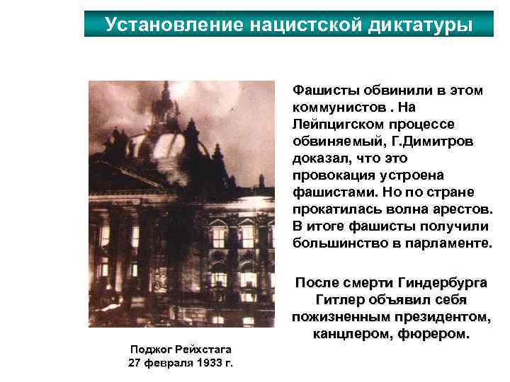 Установление нацистской диктатуры В феврале 1933 год загорелся рейхстаг. Фашисты обвинили в этом коммунистов.