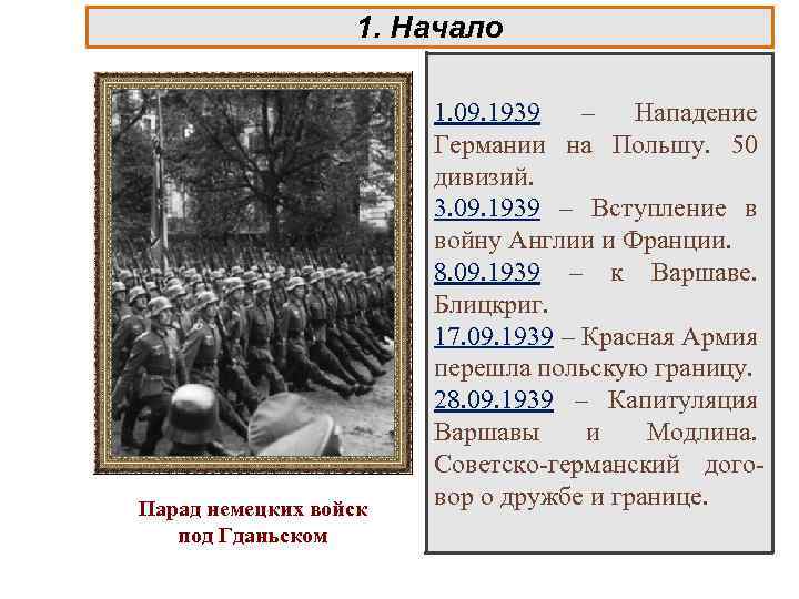 1. Начало Парад немецких войск под Гданьском 1. 09. 1939 – Нападение Германии на