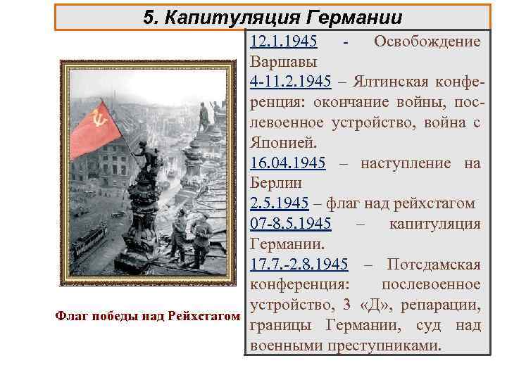 5. Капитуляция Германии 12. 1. 1945 Освобождение Варшавы 4 -11. 2. 1945 – Ялтинская