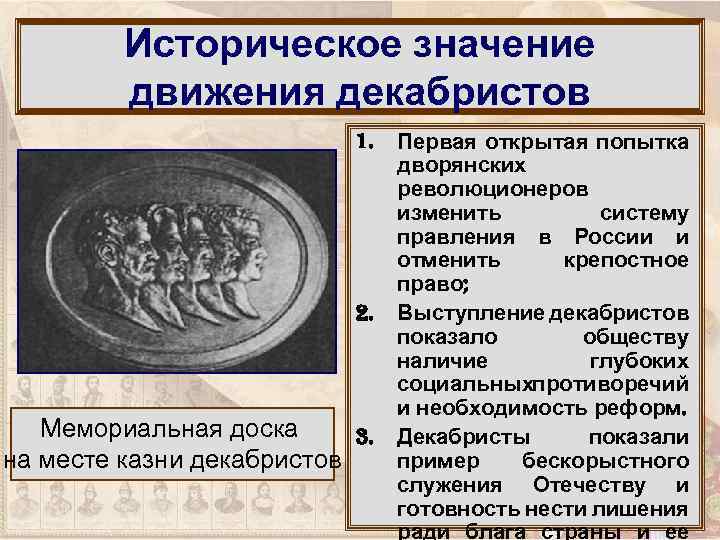 Историческое значение движения декабристов 1. 2. Мемориальная доска 3. на месте казни декабристов Первая