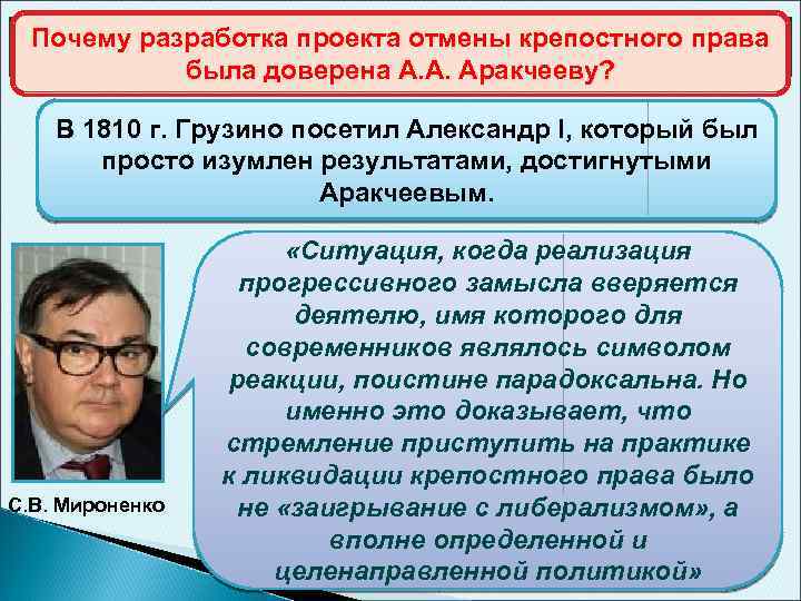 Почему разработка проекта отмены крепостного права Проект Аракчеева об отмене крепостного права была доверена