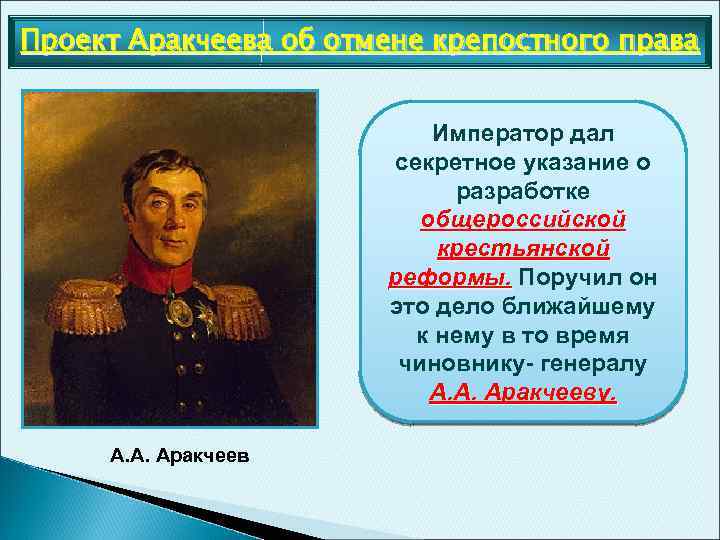 Проект Аракчеева об отмене крепостного права Император дал секретное указание о разработке общероссийской крестьянской