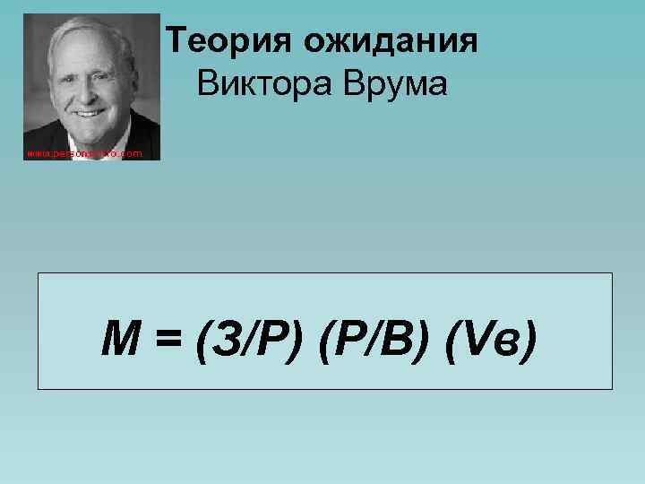 Теория ожидания Виктора Врума М = (З/Р) (Р/В) (Vв) 
