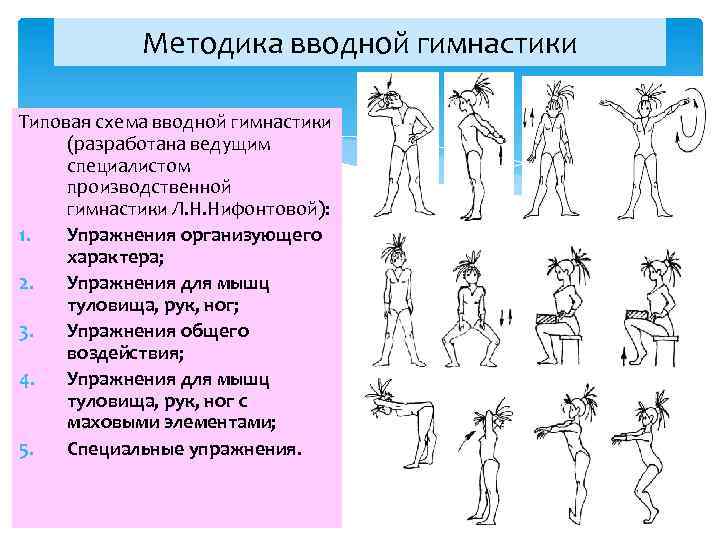 Методика вводной гимнастики Типовая схема вводной гимнастики (разработана ведущим специалистом производственной гимнастики Л. Н.