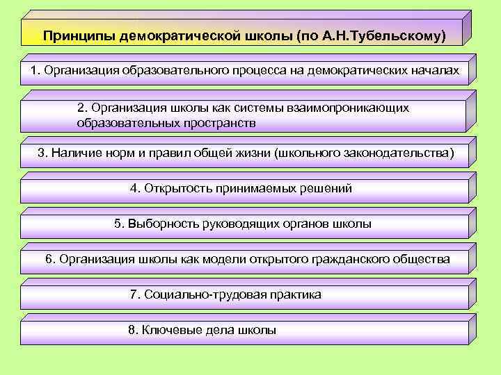 Принципы демократической школы (по А. Н. Тубельскому) 1. Организация образовательного процесса на демократических началах