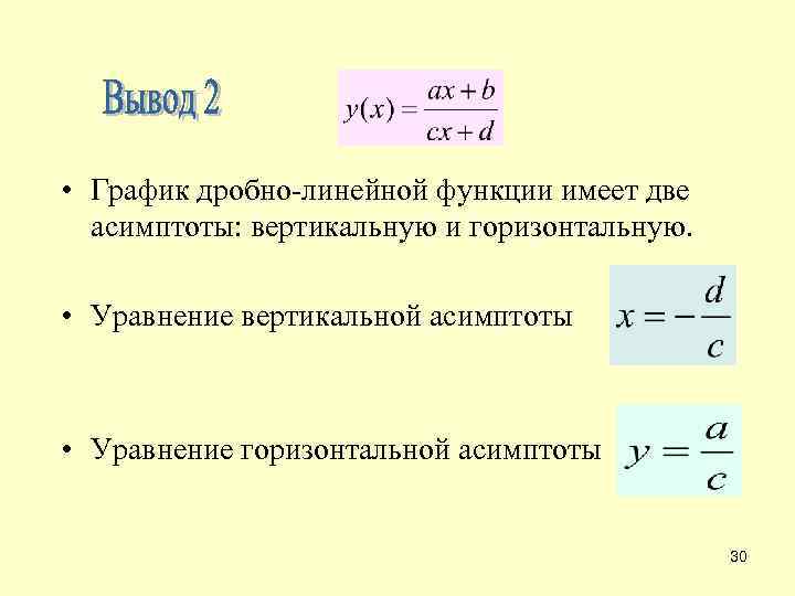  • График дробно-линейной функции имеет две асимптоты: вертикальную и горизонтальную. • Уравнение вертикальной