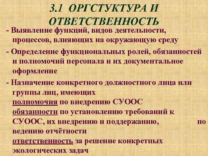 3. 1 ОРГСТУКТУРА И ОТВЕТСТВЕННОСТЬ - Выявление функций, видов деятельности, процессов, влияющих на окружающую