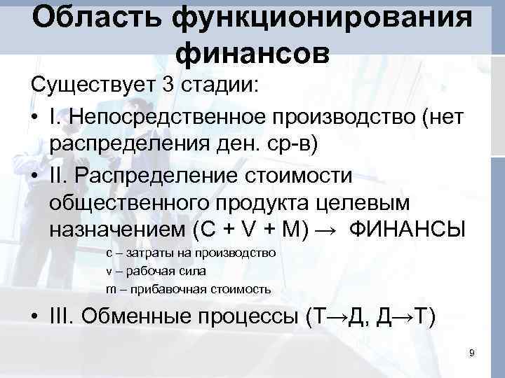 Область функционирования финансов Существует 3 стадии: • I. Непосредственное производство (нет распределения ден. ср-в)