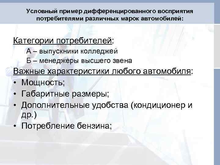 Условный пример дифференцированного восприятия потребителями различных марок автомобилей: Категории потребителей: А – выпускники колледжей