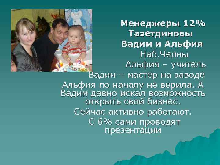 Менеджеры 12% Тазетдиновы Вадим и Альфия Наб. Челны Альфия – учитель Вадим – мастер