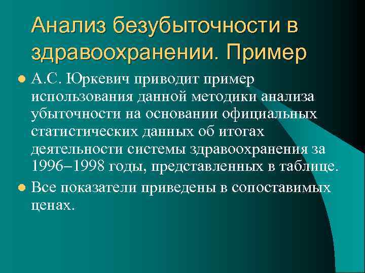 Анализ безубыточности в здравоохранении. Пример А. С. Юркевич приводит пример использования данной методики анализа