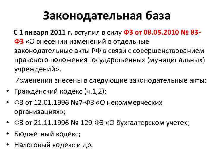 Законодательная база • • • С 1 января 2011 г. вступил в силу ФЗ