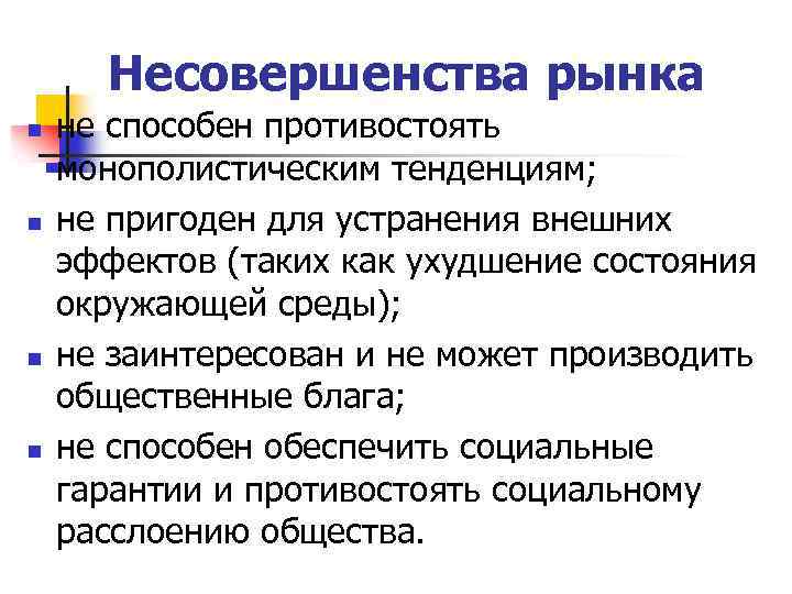 Несовершенства рынка n n не способен противостоять монополистическим тенденциям; не пригоден для устранения внешних