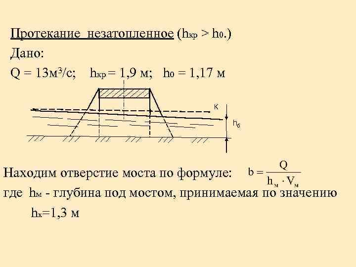 Протекание незатопленное (hкр > h 0. ) Дано: Q = 13 м 3/с; hкр