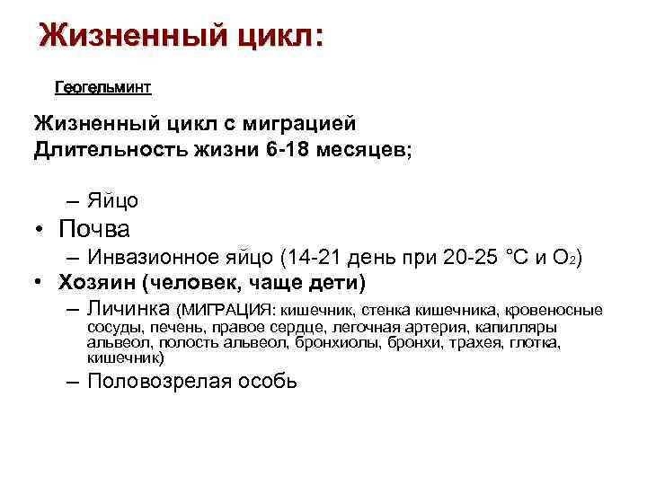 Жизненный цикл: Геогельминт Жизненный цикл с миграцией Длительность жизни 6 -18 месяцев; – Яйцо
