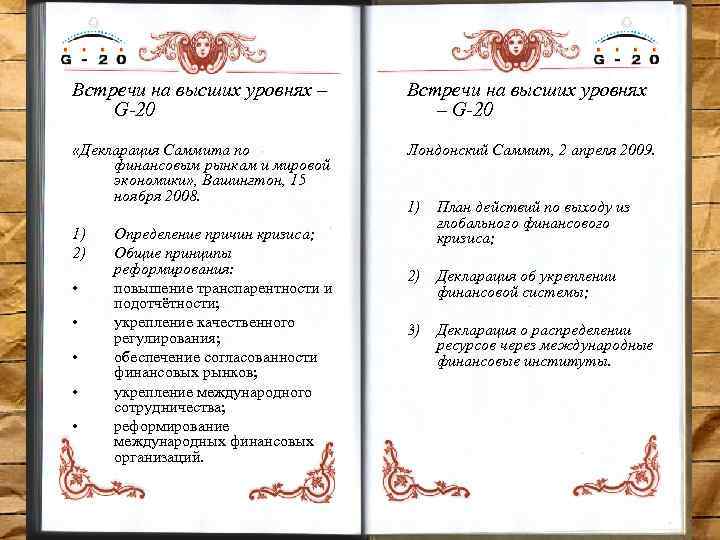 Встречи на высших уровнях – G-20 «Декларация Саммита по финансовым рынкам и мировой экономики»