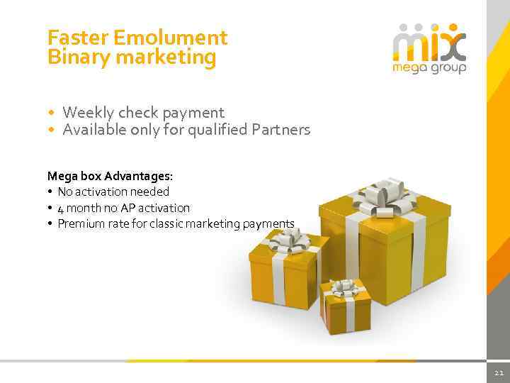 Faster Emolument Binary marketing • Weekly check payment • Available only for qualified Partners