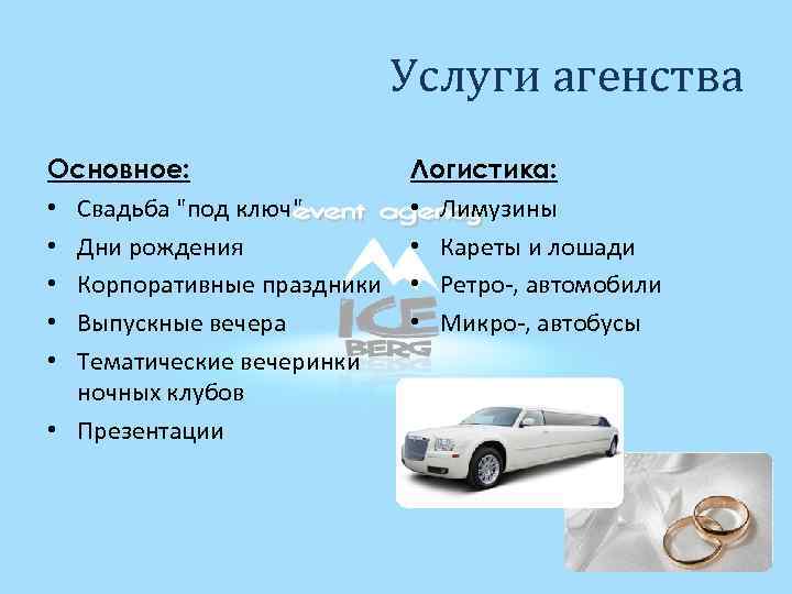 Услуги агенства Основное: • Свадьба "под ключ" • Дни рождения • Корпоративные праздники •