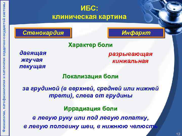 Физиология, патофизиология и патология сердечно-сосудистой системы ИБС: клиническая картина Стенокардия давящая жгучая пекущая Инфаркт