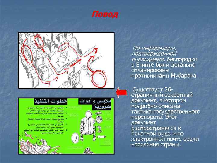 Повод По информации, подтвержденной очевидцами, беспорядки в Египте были детально спланированы противниками Мубарака. Существует